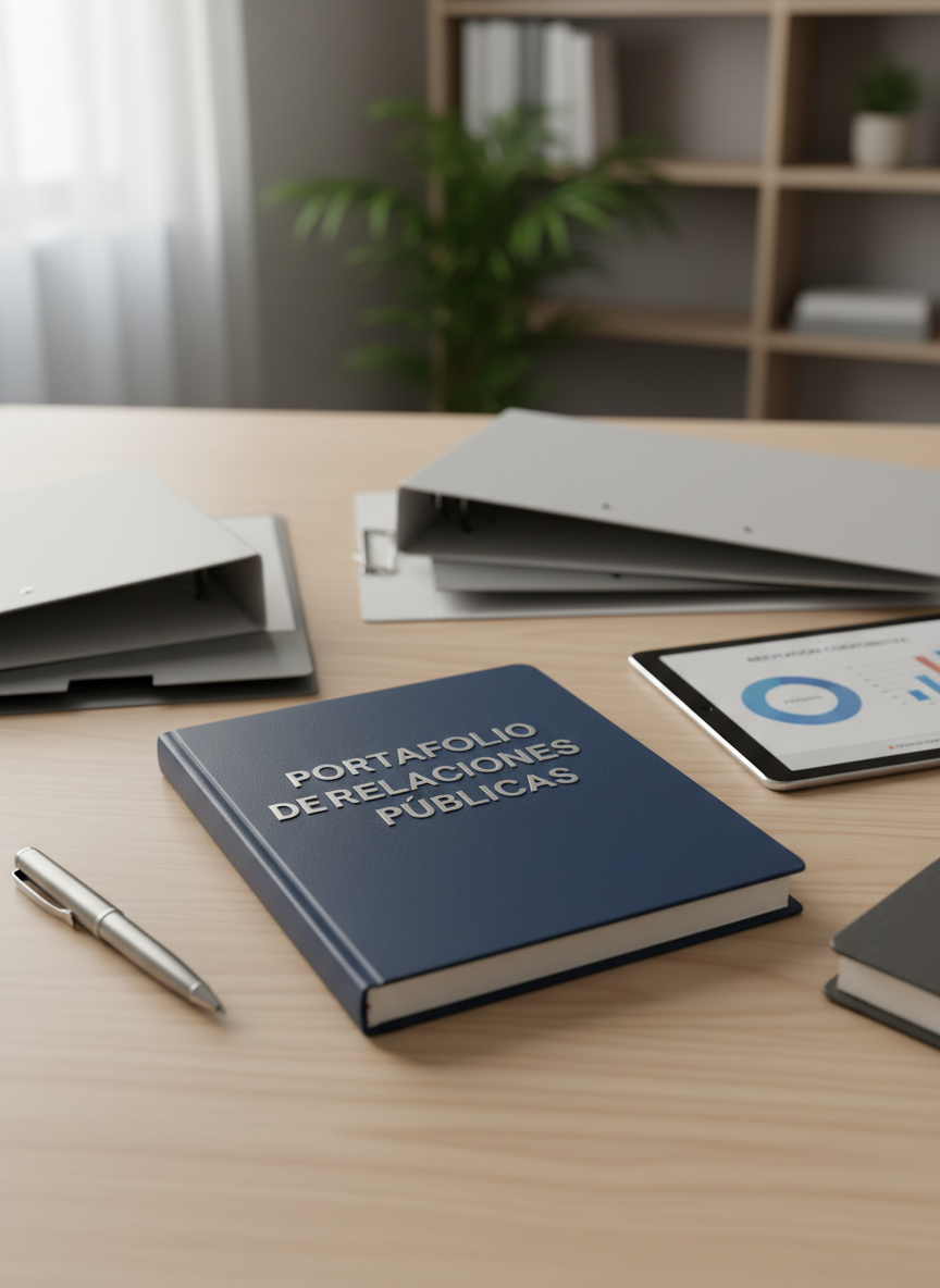 Una libreta de tapa dura en azul marino con el título en relieve metálico “Portafolio de Relaciones Públicas” sobre un escritorio de madera clara impecable. Alrededor se ven carpetas organizadas, un bolígrafo de acero pulido y una tablet encendida mostrando un gráfico de reputación corporativa desenfocado. Luz natural suave de mañana entra por una ventana lateral, creando reflejos delicados en las superficies metálicas y sombras ordenadas. Composición fotográfica realista a nivel de mesa, con la libreta en primer plano nítido y el fondo ligeramente desenfocado, transmitiendo una atmósfera profesional, metódica y académica, adecuada para la portada de un portafolio universitario en español.
