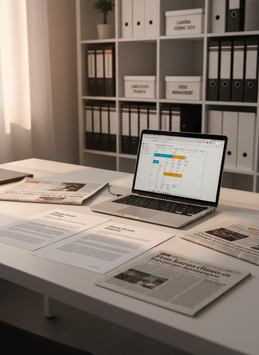Una mesa de trabajo minimalista con superficie blanca mate donde se despliegan impresos de comunicados de prensa bien maquetados en español, recortes de periódicos con titulares subrayados y un ordenador portátil abierto mostrando un calendario de planificación de medios. Al fondo, borroso, se distinguen estanterías con archivadores etiquetados por campañas. Luz de tarde ligeramente cálida entra desde la izquierda, combinada con iluminación de oficina neutra, generando un ambiente sobrio y concentrado. Fotografía a vista ligeramente elevada, con enfoque nítido en los documentos centrales y profundidad de campo suave hacia atrás, creando una sensación de organización, estrategia y rigor profesional en relaciones públicas.