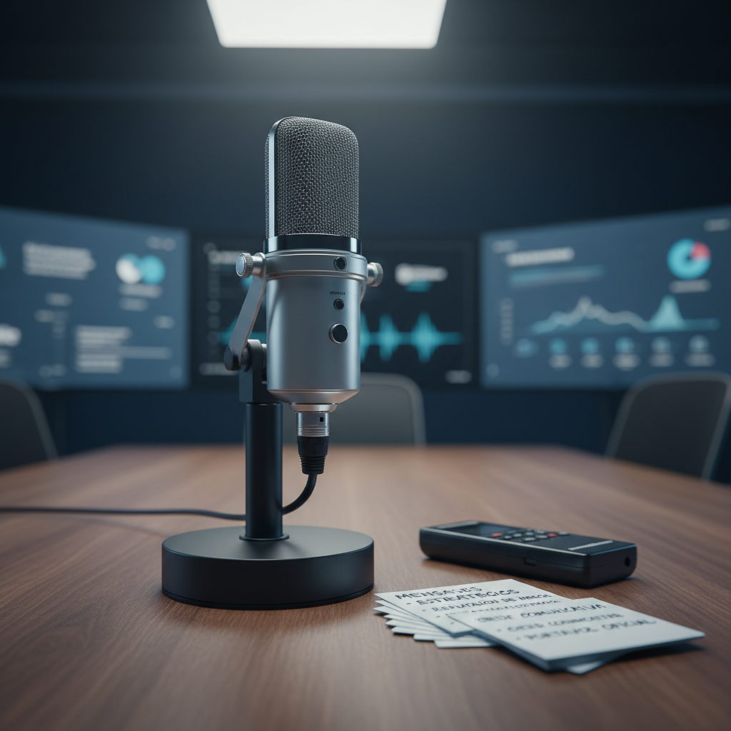 Un elegante micrófono de condensador cromado montado sobre una base negra mate, situado en el centro de una mesa de conferencia de madera oscura impecablemente ordenada. Junto al micrófono reposan tarjetas de notas en español con puntos clave de mensajes estratégicos, y una grabadora digital pequeña. Detrás, desenfocadas, se aprecian pantallas con gráficos de monitoreo de medios y logotipos corporativos abstractos. La escena está iluminada por luz de estudio suave desde arriba y un tenue resplandor azul de pantallas al fondo, creando un ambiente profesional, técnico y enfocado en la preparación de vocerías para relaciones públicas. Composición fotográfica realista con ángulo ligeramente bajo, enfatizando el micrófono como protagonista.